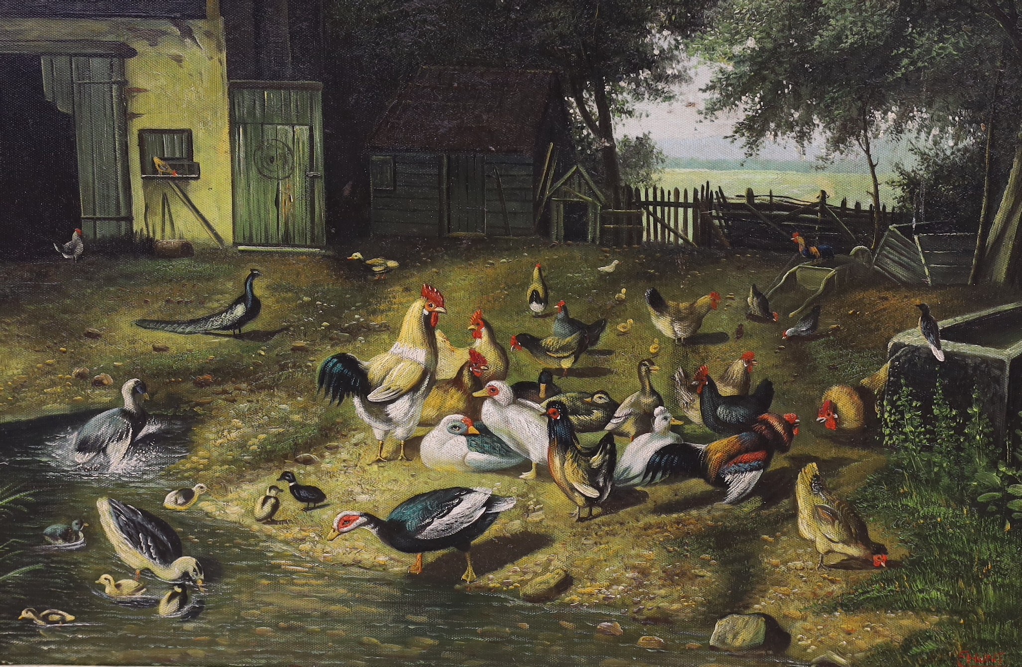 After Edgar Hunt, oil on board, Poultry in farmyard, bears signature, 35 x 53cm